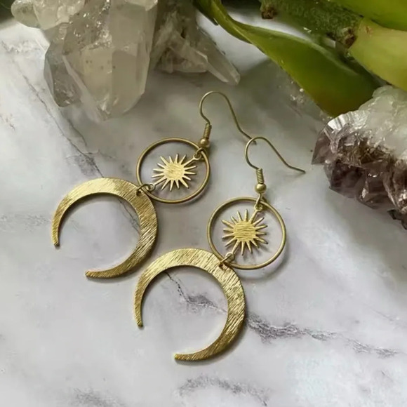 Celestial Moon Sun Brass Earrings - Picture 2 of 6